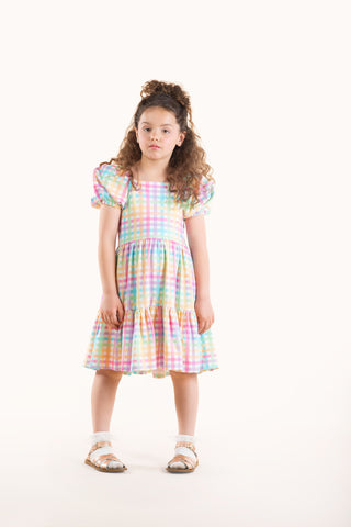 RAINBOW PUFF SLEEVE PLAID DRESS