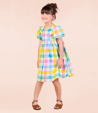 SUMMER TIME PLAID PUFF SLEEVE DRESS