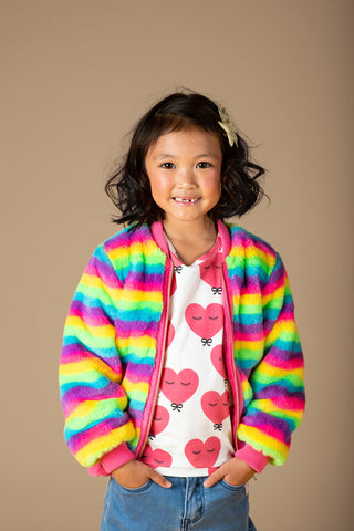 FLUORESCENT STRIPE FAUX FUR JACKET